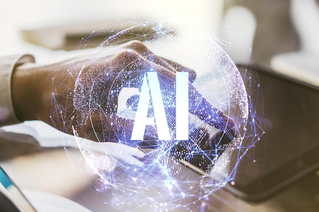 Concepto de símbolo de inteligencia artificial creativa con prensas de dedos en una tableta digital en segundo plano Doble exposición