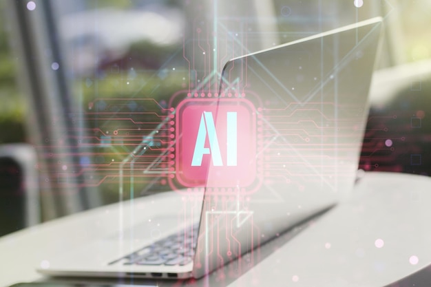 Concepto de símbolo de inteligencia artificial creativo con computadora moderna en el fondo Doble exposición