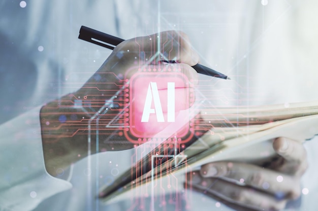Concepto de símbolo de inteligencia artificial creativo con la mano del hombre escribiendo en el diario en el fondo Doble exposición