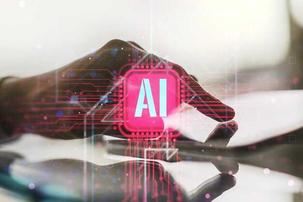 Concepto de símbolo de inteligencia artificial creativo con pulsaciones de dedos en una tableta digital en el fondo Doble exposición