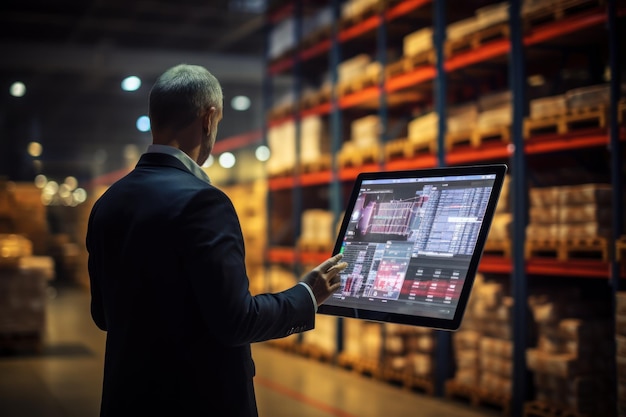 Foto concepto de sistema de gestión de inventario de almacén inteligente un gerente que utiliza una tableta digital que muestra el tablero de control del software de gestión de almacenamiento en el almacén borroso como fondo