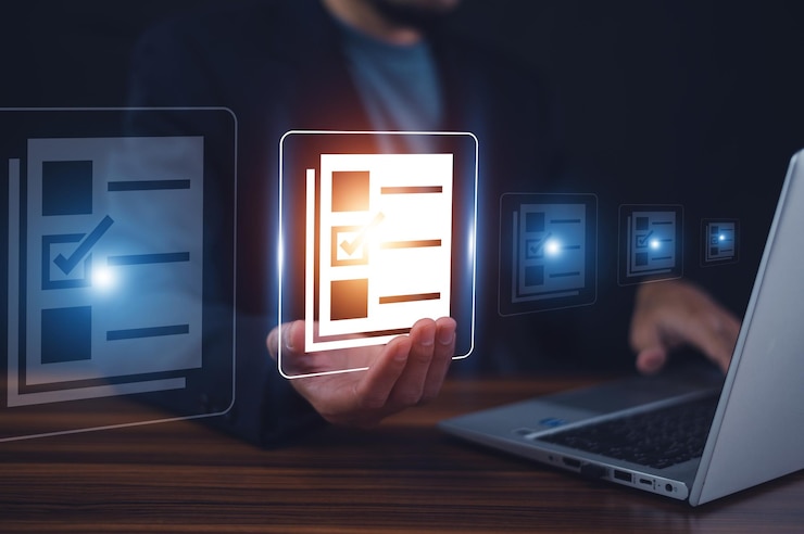 Foto concepto de sistema de información de gestión de documentos empresario que usa internet de pantalla visual para el sistema de información de gestión de documentos y el directorio de datos del programa erp en la gestión de documentos erp de la empresa