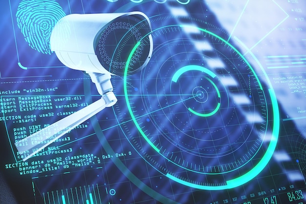 Concepto de sistema de reconocimiento con cámara de CCTV e información de datos personales en pantalla digital
