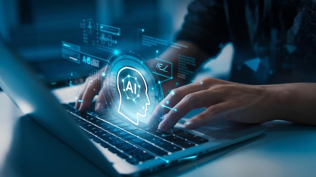 El concepto de sistema de traducción automática empresario uso de teléfono móvil con robot virtual para artif