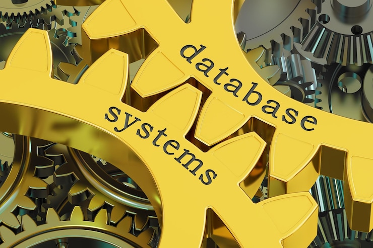 Foto concepto de sistemas de base de datos en la representación 3d de las ruedas dentadas