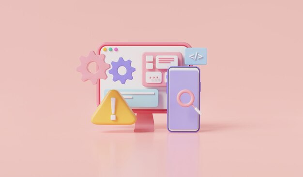 Concepto de sitio web de mantenimiento Sitio web en construcción Página en PC y dispositivos móviles Configuración del programa Actualizaciones del sistema Mantenimiento Corrección de errores Página de error 404 o archivo no encontrado Ilustración de renderizado 3D