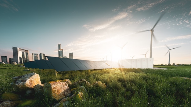 Concepto de solución de energía sostenible con una hermosa luz de fondo al atardecer. Paneles solares sin marco, instalación de almacenamiento de energía de batería, turbinas eólicas y gran ciudad con rascacielos de fondo. Representación 3D.