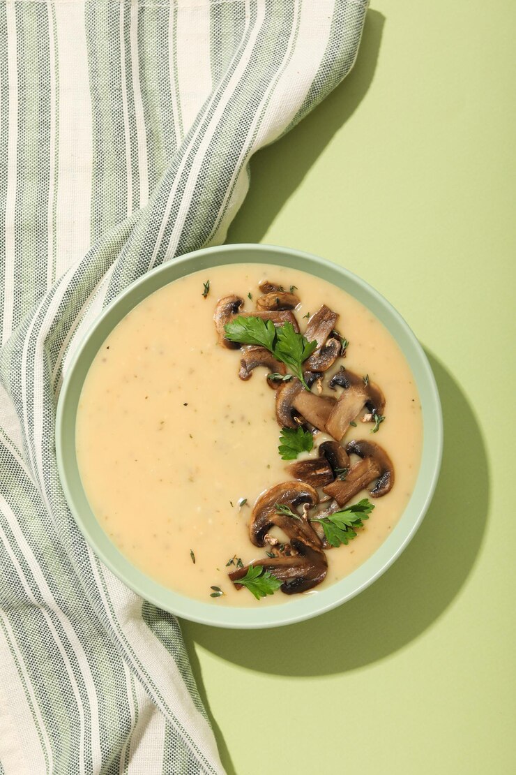 Concepto de sopa de crema de champiñones de comida sabrosa y deliciosa