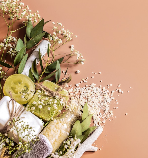 Concepto de spa con accesorios para el cuerpo y la cara en la pared de color. Lugar para el texto