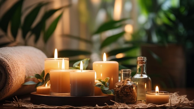 concepto de spa ambiente acogedormiedovela suave luz borrosahermosas flores tropicales