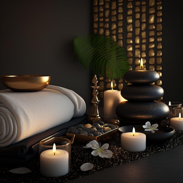 Concepto de spa de belleza Piedras de masaje con toallas y velas en AI generativa de fondo natural