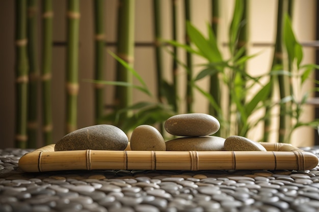 Concepto de spa con elementos de terapia de salud y bienestar Ai Bamboo velas y piedras spa bodegón