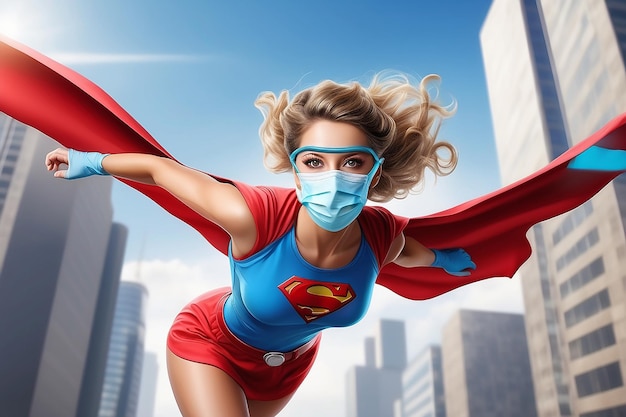 Un concepto de superhéroe mujer médico o enfermera Una profesional de la salud femenina como un superhéroe volando por el aire Vestido con máscara facial PPE