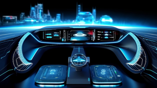 concepto de tablero de instrumentos de automóvil futurista autónomo con pantallas HUD y hologramas