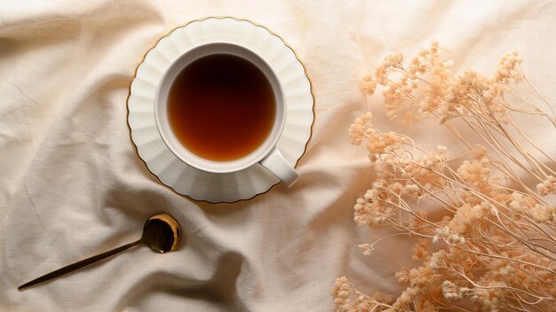 Concepto de té de la tarde, una taza de té con flores secas sobre un mantel blanco mínimo. vista superior