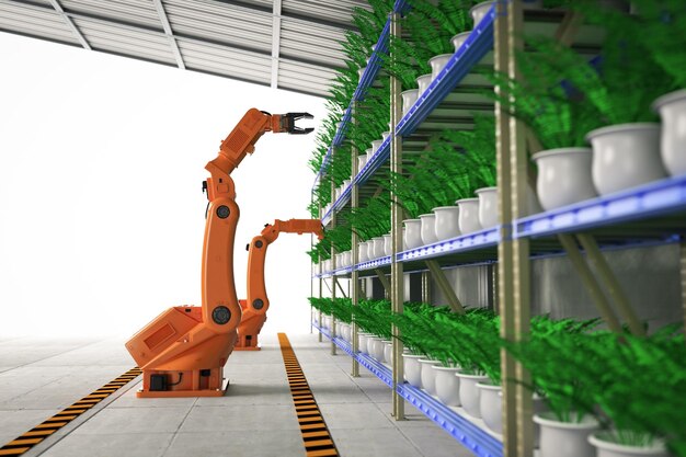 Concepto de tecnología agrícola con brazos robóticos en invernadero.