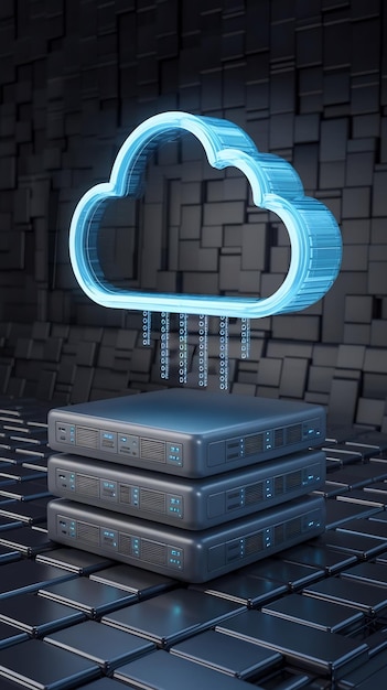 Concepto de tecnología de almacenamiento de datos y computación en la nube con símbolo de nube azul digital en oscuridad abstracta
