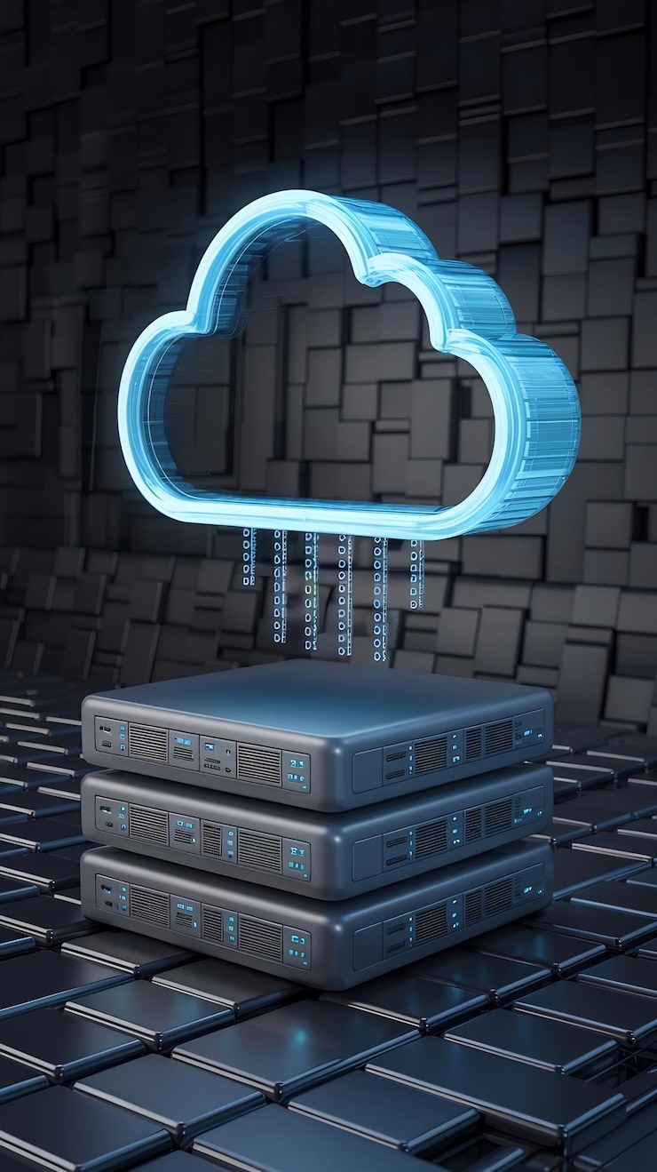 Foto concepto de tecnología de almacenamiento de datos y computación en la nube con símbolo de nube azul digital en oscuridad abstracta