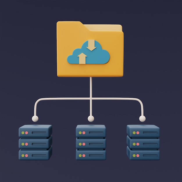 Concepto de tecnología de almacenamiento en la nube con racks de servidores y símbolo de nube azul en el icono de carpeta base de datos en línea transferencia de información de datos minimal style3d rendering