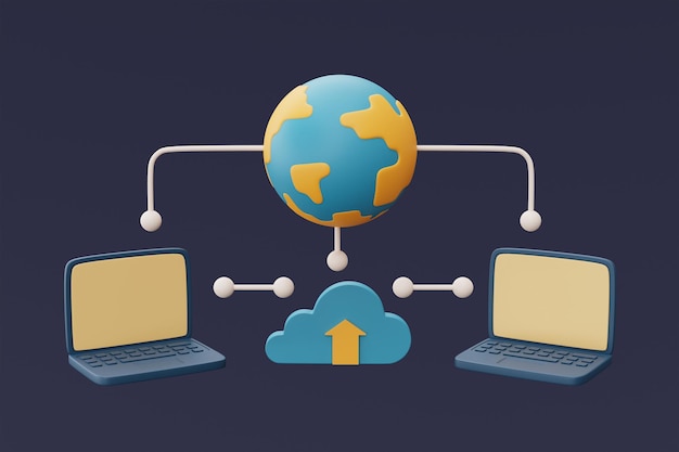 Concepto de tecnología de almacenamiento en la nube con símbolo de nube azul y uso compartido de datos globales de computadora base de datos en línea transferir información de datos estilo minimalista representación 3d