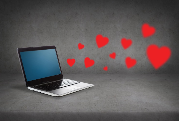 Foto concepto de tecnología, amor, comunicación y publicidad - computadora portátil con pantalla en blanco y corazones rojos