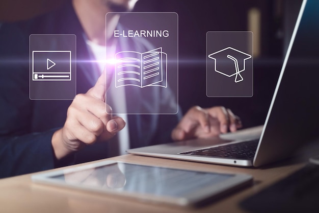Concepto de tecnología de aprendizaje electrónico Webinar de educación en línea Cursos en línea AI y aprendizaje automático