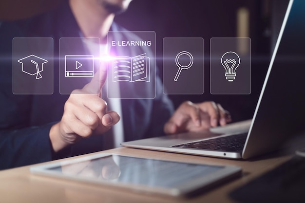 Concepto de tecnología de aprendizaje electrónico Webinar de educación en línea Cursos en línea Inteligencia artificial y aprendizaje automático