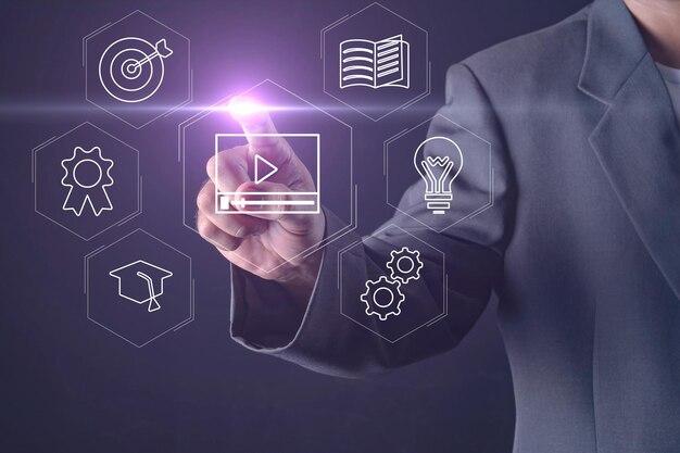 Concepto de tecnología de aprendizaje electrónico Webinar de educación en línea Cursos en línea Inteligencia artificial y aprendizaje automático