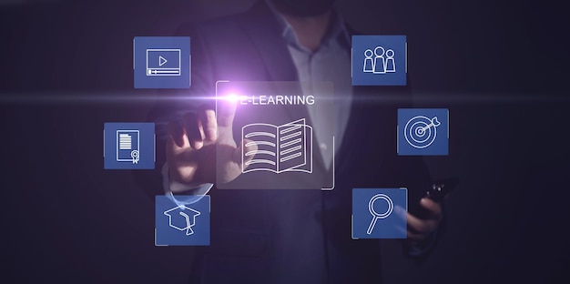Concepto de tecnología de aprendizaje electrónico Webinar de educación en línea Cursos en línea Inteligencia artificial y aprendizaje automático