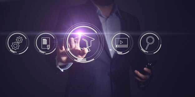 Concepto de tecnología de aprendizaje electrónico Webinar de educación en línea Cursos en línea Inteligencia artificial y aprendizaje automático