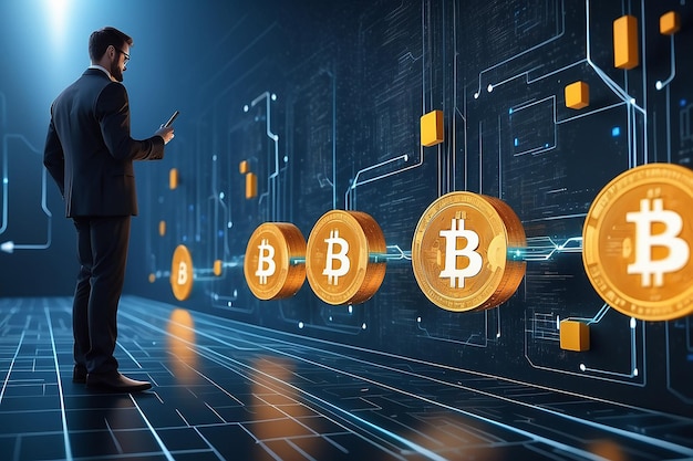 Concepto de tecnología Blockchain con una cadena de bloques encriptados y persona en el fondo de criptomoneda financiera fintech como Bitcoin