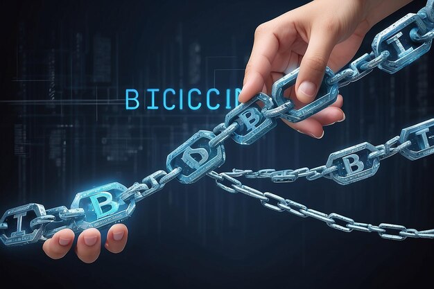 Concepto de tecnología Blockchain con una cadena de bloques encriptados y persona en el fondo de criptomoneda financiera fintech como Bitcoin