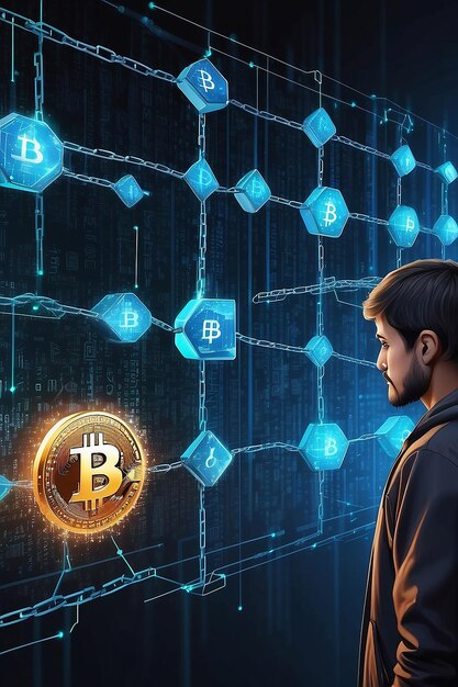 Concepto de tecnología Blockchain con una cadena de bloques encriptados y persona en el fondo de criptomoneda financiera fintech como Bitcoin