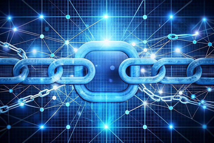 Foto concepto de tecnología blockchain con cadena digital y transacciones seguras