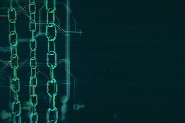 Concepto de tecnología blockchain con cadena verde digital sobre fondo oscuro abstracto