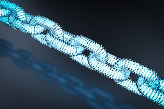 Foto concepto de tecnología blockchain con conexión de cadenas azules de representación 3d