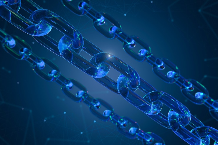 Foto concepto de tecnología blockchain con conexión de cadenas azules de representación 3d