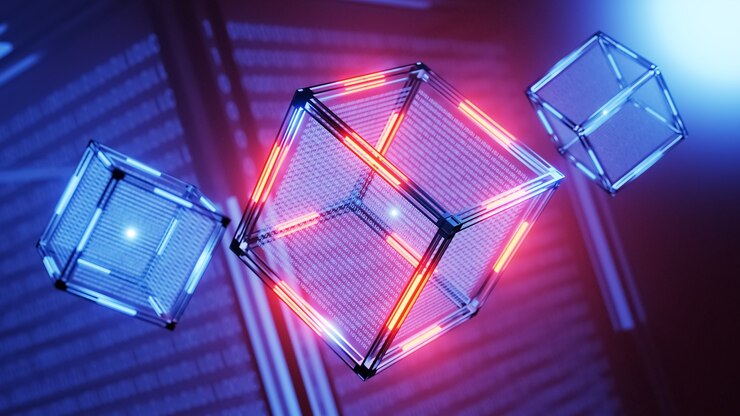 Foto el concepto de tecnología blockchain. cubo abstracto tecnológico con datos. fondo digital.