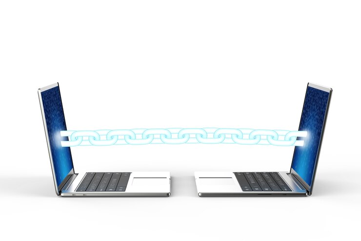 Foto concepto de tecnología blockchain con renderizado 3d azul cadena conecta computadoras