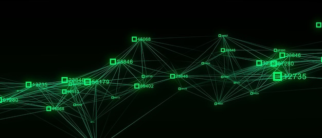 Concepto de tecnología de cadena de bloques Visualización de grandes datos Inteligencia artificial Estructura de conexión de red verde Fondo digital abstracto con renderización 3D de matriz