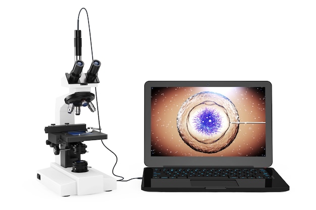Concepto de tecnología científica. Microscopio de laboratorio moderno conectado a la computadora portátil con bacterias y virus en la pantalla sobre un fondo blanco. Representación 3D.