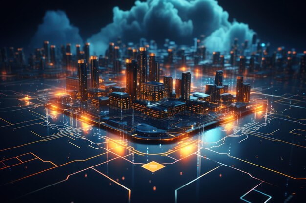 Concepto de tecnología de computación en nube Ciudad inteligente y centro de datos en nube digital Nube futurista de procesamiento de grandes datos IA generativa