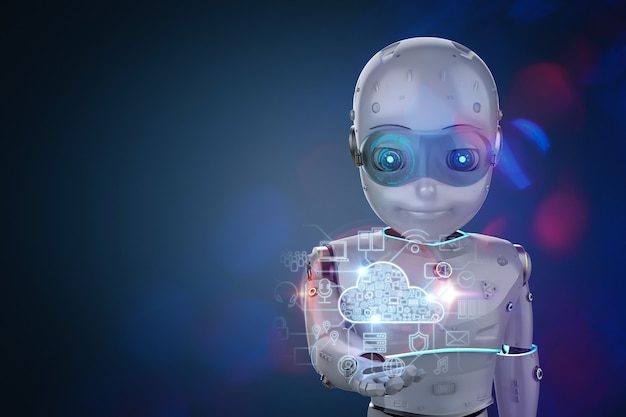 Concepto de tecnología de computación en la nube con lindo robot de renderizado 3D y pantalla gráfica