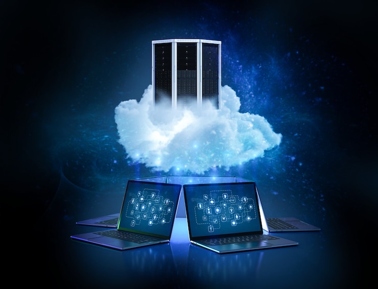 Foto concepto de tecnología de computación en la nube con nube de renderizado 3d con servidores y computadoras portátiles
