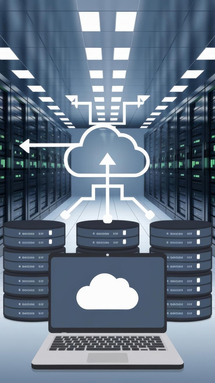 Foto concepto de tecnología de computación en la nube subida descarga transferencia de base de datos a la nube