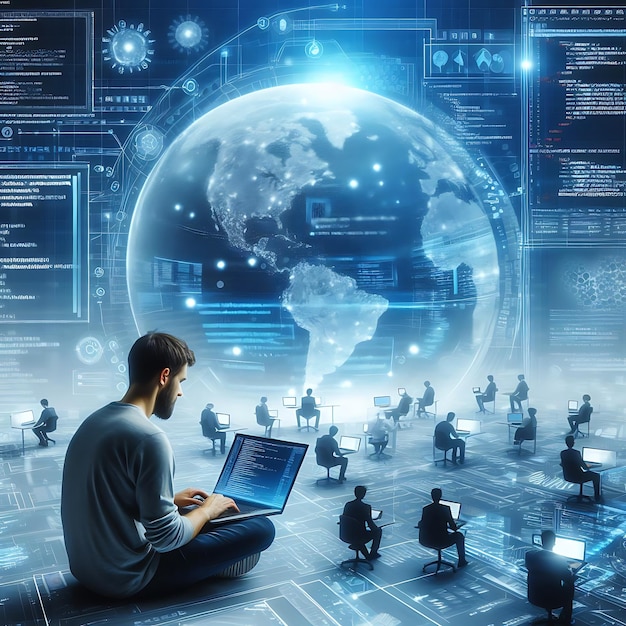 Concepto de tecnología digital Un hombre está usando una computadora portátil para administrar grandes cantidades de datos