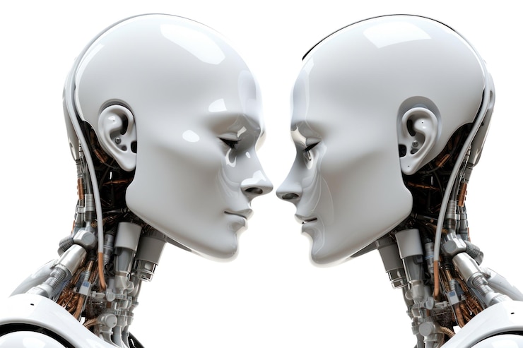 Foto concepto de tecnología digital de inteligencia artificial robots humanoides aislados en blanco