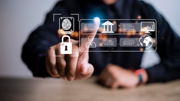 Foto concepto de tecnología digital de seguridad cibernética los empresarios utilizan huellas dactilares para acceder a la seguridad cibernética personal manteniendo la información personal de los usuarios segura y segura en el acceso a internet