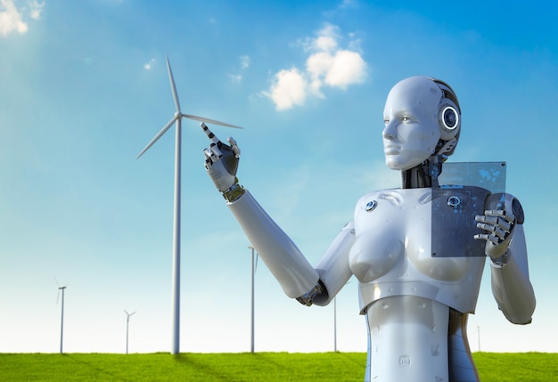 Concepto de tecnología de energía verde con trabajo de cyborg de renderizado 3d en una granja de molinos de viento