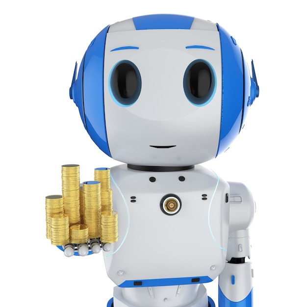 Concepto de tecnología financiera con mini robot de renderizado 3d con pila de monedas de oro